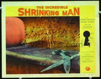 2n151 INCREDIBLE SHRINKING MAN LC #3 '57 cool fx image of tiny man by giant yard ball & scissors!