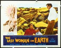 2n173 LAST WOMAN ON EARTH lobby card #6 '60 two men & sexy lady sitting in rubble, sexy border art!