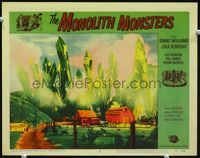2n176 MONOLITH MONSTERS laminated lobby card#6 '57 best fx image of giant monsters attacking houses!