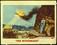 2n189 MYSTERIANS lobby card#3 '59 cool fx image of men watching alien ship destroy fighter plane!