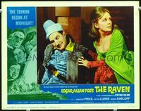 2n212 RAVEN movie lobby card #3 '63 sexy Hazel Court tries to rouse sleeping Vincent Price!