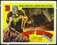2n223 ROBOT MONSTER lobby card #3 '53 boy at edge of cave with equipment, great wacky border art!