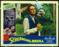 2n225 SCREAMING SKULL movie lobby card #2 '58 wacky image of John Hudson holding skull on poker!