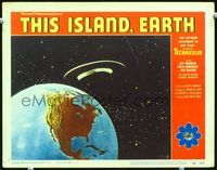 2n239 THIS ISLAND EARTH lobby card #5 '55 classic image of space ship in space hovering over Earth!