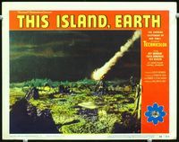 2n242 THIS ISLAND EARTH lobby card#7 '55 cool image of comet-like spaceship crashing in barren area!