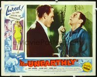 2n247 UNEARTHLY movie lobby card #3 '57 close up of Myron Healy with another man in chains!