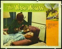 2n253 WASP WOMAN lobby card #7 '59 great wacky image of female insect-headed monster attacking girl!