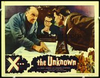 2n262 X THE UNKNOWN movie lobby card '56 Dean Jagger tells two men what he knows about the menace!