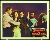 2n265 ZOMBIES OF MORA TAU lobby card #8 '57 three men and an old woman surround sexy Allison Hayes!