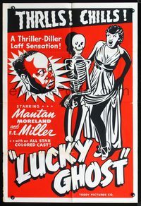 2n715 LUCKY GHOST one-sheet R48 Toddy, wacky art of Mantan Moreland with skeleton & screaming girl!