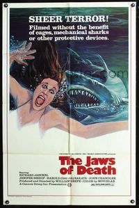 2n676 JAWS OF DEATH one-sheet '76 great artwork image of shark attacking sexy girl underwater!