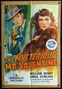 2n742 MYSTERIOUS MR. VALENTINE 1sheet '46 art of William Henry in lab & sexy Linda Sterling in fur!