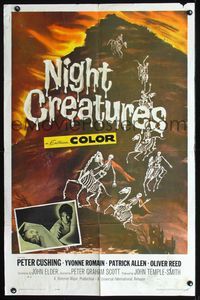 2n746 NIGHT CREATURES one-sheet '62 Hammer, great horror art of skeletons riding skeleton horses!