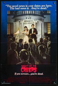 2n750 NIGHT OF THE CREEPS one-sheet '86 great wacky art of guy and his date fighting off zombies!