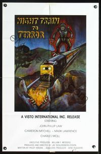 2n752 NIGHT TRAIN TO TERROR 24x37 1sheet '84 wacky art of monster by train going into jaws to Hell!