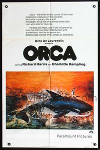 2n764 ORCA advance one-sheet movie poster '77 cool art of The Killer Whale by John Berkey!