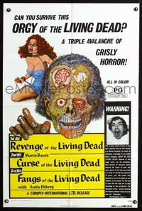 2n766 ORGY OF THE LIVING DEAD 1sh '72 a triple avalanche of grisly horror, cool Ormsby zombie art!