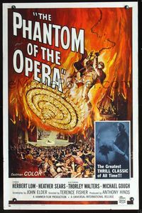 2n772 PHANTOM OF THE OPERA one-sheet '62 Hammer horror, Herbert Lom, cool art by Reynold Brown!