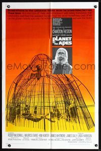2n779 PLANET OF THE APES one-sheet '68 Charlton Heston, classic sci-fi, cool image of caged humans!
