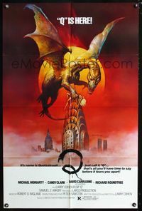 2n791 Q one-sheet '82 great Boris Vallejo fantasy art of the winged serpent Quetzalcoatl, Q is here!