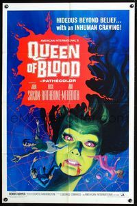 2n793 QUEEN OF BLOOD one-sheet '66 Basil Rathbone, cool art of female monster & victims in her web!