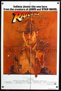 2n794 RAIDERS OF THE LOST ARK one-sheet poster '81 great artwork of Harrison Ford by Richard Amsel!