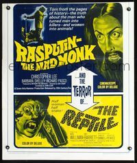 2n795 RASPUTIN THE MAD MONK/REPTILE one-sheet poster '66 wacky double-bill, top heavily trimmed!