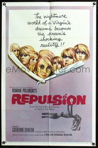 2n796 REPULSION one-sheet poster '65 Roman Polanski, Catherine Deneuve, cool straight razor image!