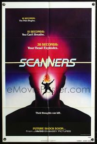 2n818 SCANNERS teaser one-sheet movie poster '81 David Cronenberg, in 20 seconds your head explodes!