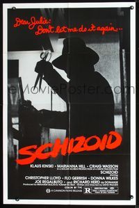 2n819 SCHIZOID one-sheet '80 cool silhouette of crazed madman Klaus Kinski attacking with scissors!