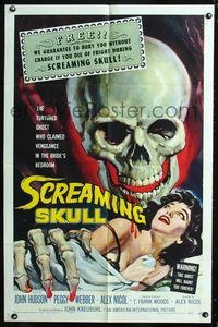 2n824 SCREAMING SKULL 1sh '58 great horror art of huge skull & sexy girl grabbed by skeleton hand!