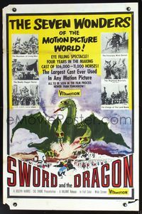 2n871 SWORD & THE DRAGON one-sheet '60 cool fantasy art of three-headed winged monster attacking!