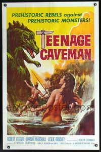 2n879 TEENAGE CAVEMAN one-sheet '58 sexy art of prehistoric rebels against prehistoric monsters!