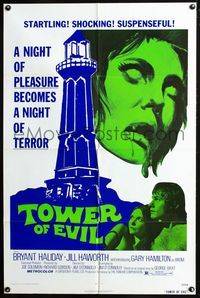 2n910 TOWER OF EVIL 1sheet '72 a night of pleasure becomes a night of terror, cool lighthouse image!