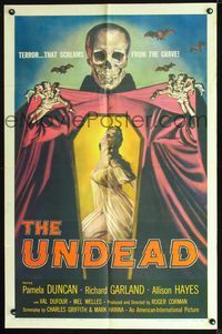 2n921 UNDEAD one-sheet '57 Roger Corman, cool art of huge skeleton reaching for sexy Allison Hayes!