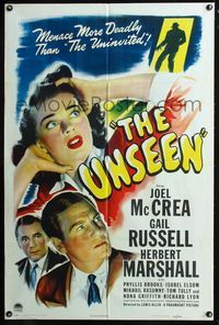 2n924 UNSEEN one-sheet poster '44 Joel McCrea, Gail Russell, menace more deadly than The Uninvited!