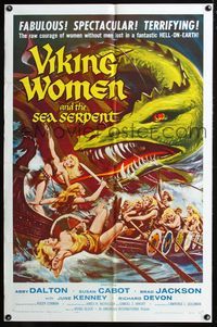 2n936 VIKING WOMEN & THE SEA SERPENT 1sh '58 cool artwork of sexy female warriors attacked on ship!