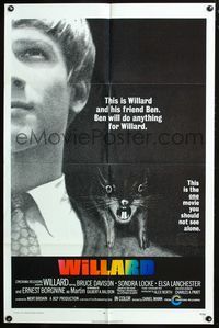 2n957 WILLARD int'l one-sheet poster '71 creepy close up of Bruce Davison with rat on shoulder!