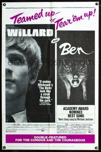 2n958 WILLARD/BEN one-sheet movie poster '73 classic killer rat movies teamed up to tear 'em up!