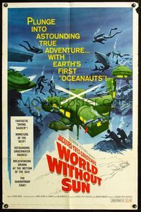 2n968 WORLD WITHOUT SUN one-sheet '65 adventures of Jacques-Yves Cousteau's oceanauts, cool art!