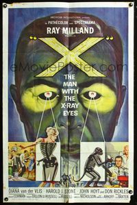 2n970 X: THE MAN WITH THE X-RAY EYES 1sheet '63 Ray Milland strips souls & bodies, cool sci-fi art!