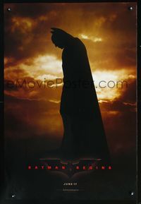 2o801 BATMAN BEGINS DS teaser one-sheet '05 great image of Christian Bale as the Caped Crusader!