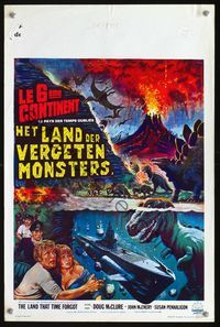 2o418 LAND THAT TIME FORGOT Belgian poster '75 cool artwork of prehistoric dinosaurs & submarine!