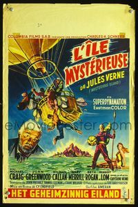 2o425 MYSTERIOUS ISLAND Belgian '61 Ray Harryhausen, Jules Verne sci-fi, cool hot-air balloon art!