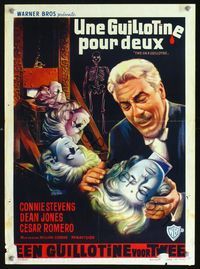 2o448 TWO ON A GUILLOTINE Belgian poster '65 wild different artwork of man handling severed heads!