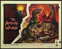 2o006 ANIMAL WORLD half-sheet movie poster '56 great artwork of dinosaurs & erupting volcano!