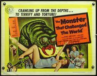 2o053 MONSTER THAT CHALLENGED THE WORLD half-sheet '57 great artwork of creature & its victim!