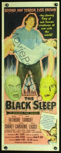 2o104 BLACK SLEEP insert poster '56 Lon Chaney Jr. holding his victim, Bela Lugosi, Tor Johnson