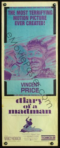 2o134 DIARY OF A MADMAN insert poster '63 Vincent Price in his most chilling portrayal of evil!