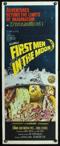 2o146 FIRST MEN IN THE MOON insert poster '64 Ray Harryhausen, H.G. Wells, great sci-fi artwork!